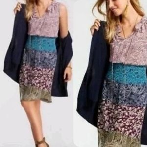 CAbi Bohemian Paisley Size Small Pink Navy Ruffle Neck Mixed Media Mini Dress